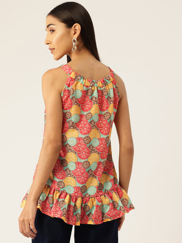 Cropped Sleeveless Elasticated Neck Bottom Flared Top with digital print on linen fabric.  | Size- Small |  Colour - Magenta, Green, Aqua, Yellow