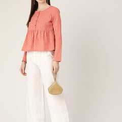 White White Embroidered Cotton Palazzos–Elastic Waist & Ankle-Length with Side Pocket