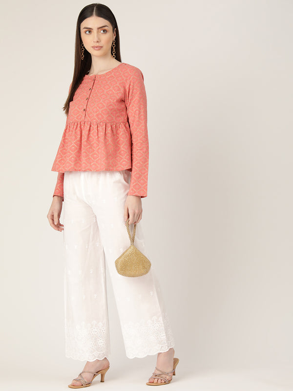 White White Embroidered Cotton Palazzos–Elastic Waist & Ankle-Length with Side Pocket