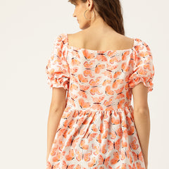 Cropped v-neck peplum puff sleeved top with digital print on linen fabric.