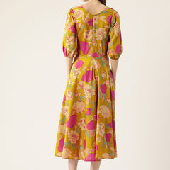 Women's Pure Cotton Floral Printed A-Line Gown with 3/4 Puff Sleeves & V-Neck