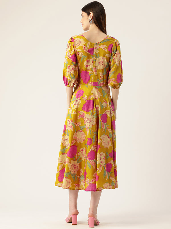 Women's Pure Cotton Floral Printed A-Line Gown with 3/4 Puff Sleeves & V-Neck