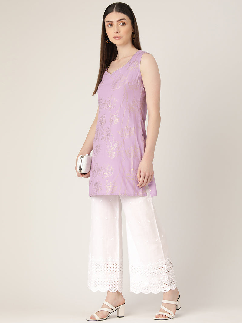 White White Embroidered Cotton Palazzos–Elastic Waist & Ankle-Length with Side Pocket