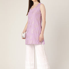 White White Embroidered Cotton Palazzos–Elastic Waist & Ankle-Length with Side Pocket