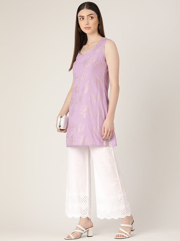 White White Embroidered Cotton Palazzos–Elastic Waist & Ankle-Length with Side Pocket