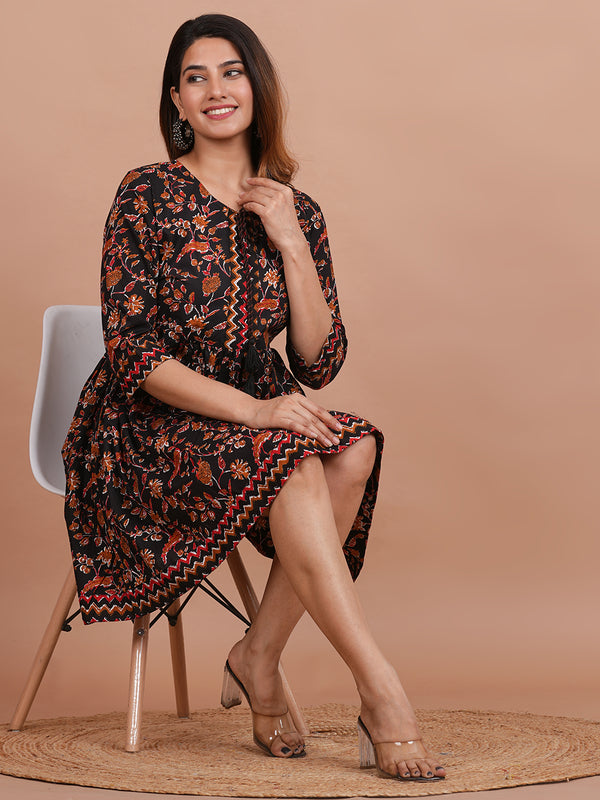 Floral Cotton Flared Dress (S–XXL | 3/4 Sleeves) – Breezy Comfort with Feminine Flow