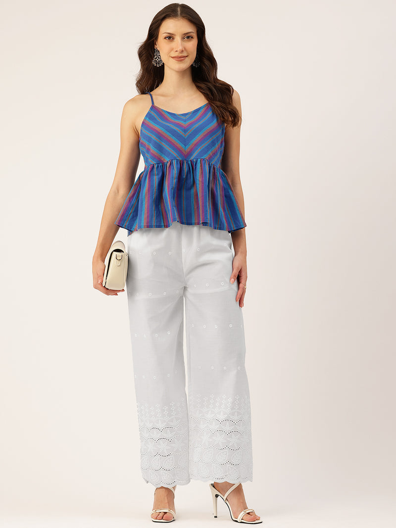 White Embroidered Palazzos–Fully Lined, Elastic Waist & Ankle-Length with Side Pocket