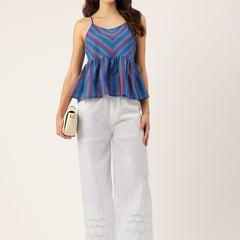 White Embroidered Palazzos–Fully Lined, Elastic Waist & Ankle-Length with Side Pocket