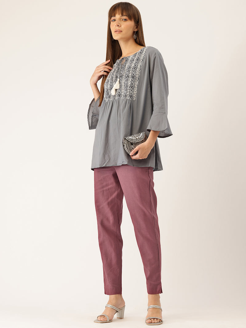 Women's Cotton Pants - Double Pockets, Adjustable Waist, and Ankle-Length Fit