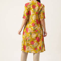 Elegant A-Line Long Kurta for Women - Mandarin Collar with Button Detailing