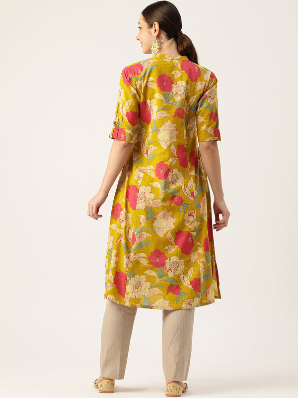 Elegant A-Line Long Kurta for Women - Mandarin Collar with Button Detailing