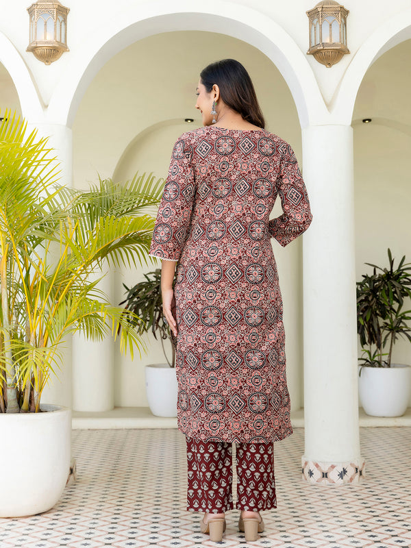 Printed Cotton Lace-Detail Kurta Set with Ankle-Length Pants and Graceful Dupatta