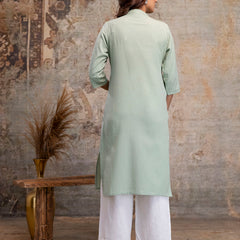 Women’s Solid Long Kurti with Mandarin Collar, 3/4 Sleeves & Pocket | Plain Elegant Cotton Kurta for Daily & Office Wear