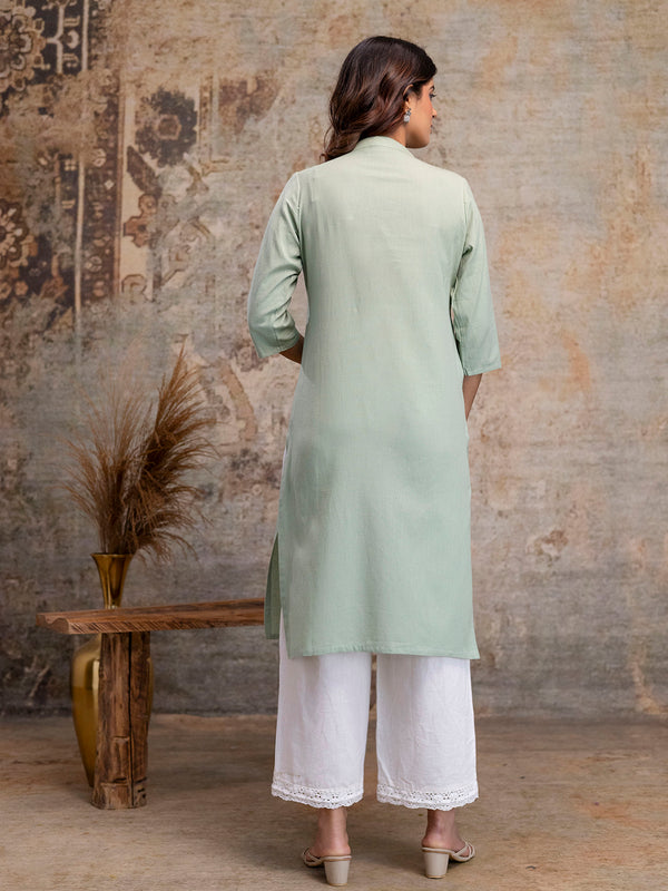 Women’s Solid Long Kurti with Mandarin Collar, 3/4 Sleeves & Pocket | Plain Elegant Cotton Kurta for Daily & Office Wear