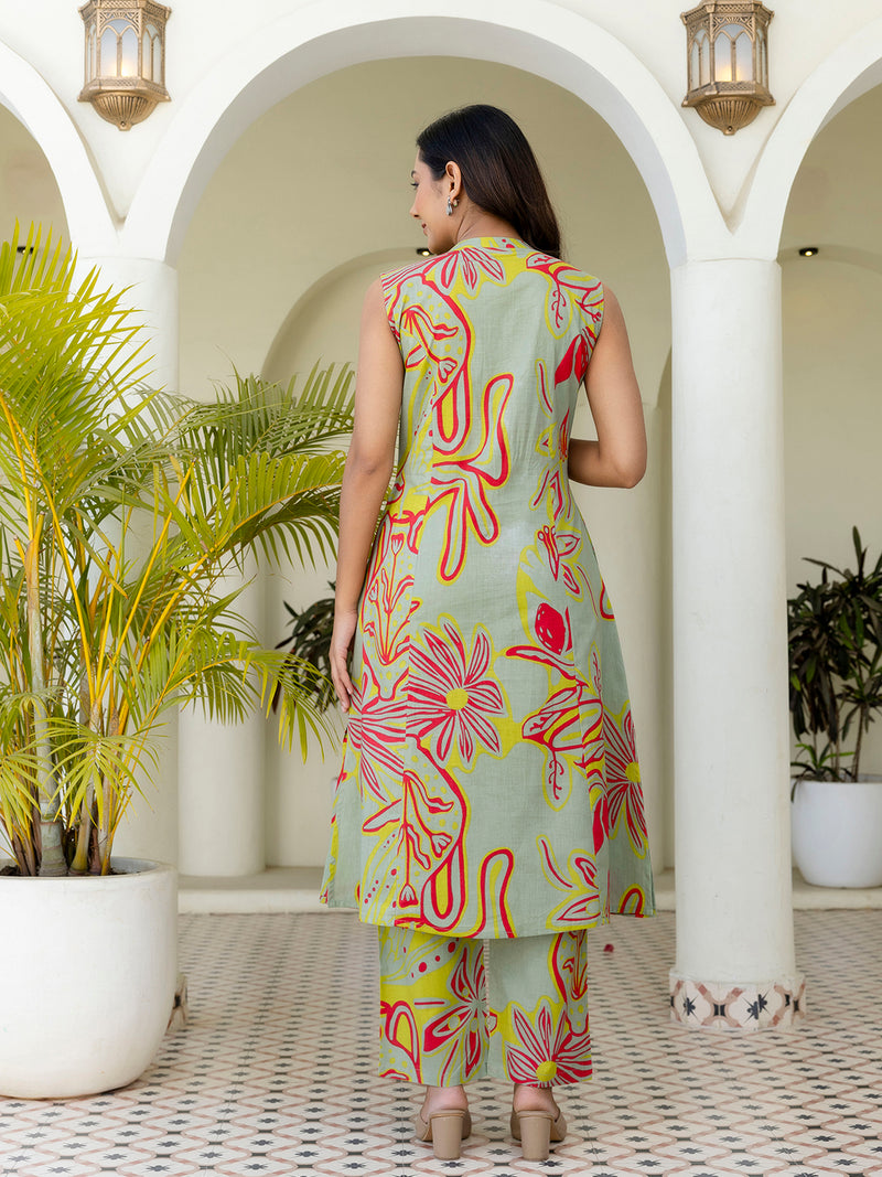 Luxury Mandarin Collar Printed Co-Ord Set with Button Detail A-Line Kurta & Comfort Fit Pants