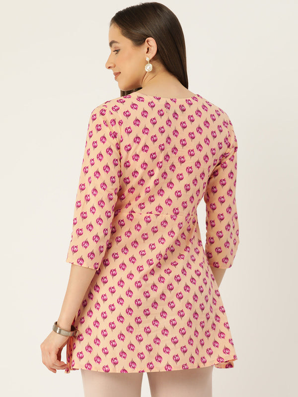 Floral Print Angrakha 3\4 Sleeves Flared Kurti