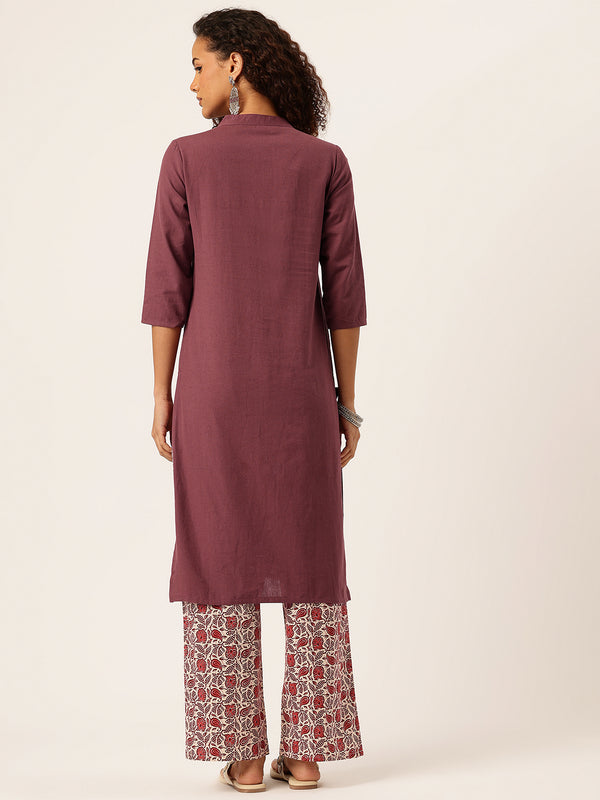 Women’s Solid Long Kurti with Mandarin Collar, 3/4 Sleeves & Pocket | Plain Elegant Cotton Kurta for Daily & Office Wear