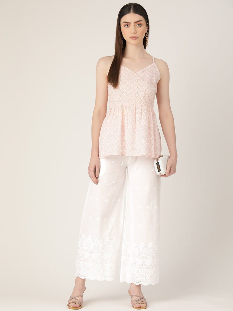 White White Embroidered Cotton Palazzos–Elastic Waist & Ankle-Length with Side Pocket
