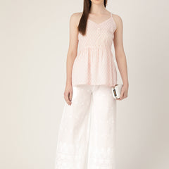 White White Embroidered Cotton Palazzos–Elastic Waist & Ankle-Length with Side Pocket