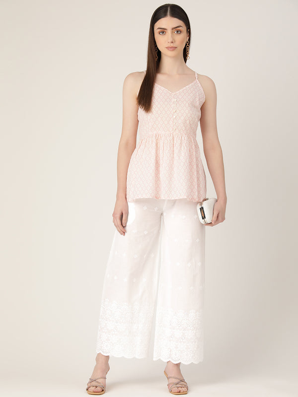 White White Embroidered Cotton Palazzos–Elastic Waist & Ankle-Length with Side Pocket