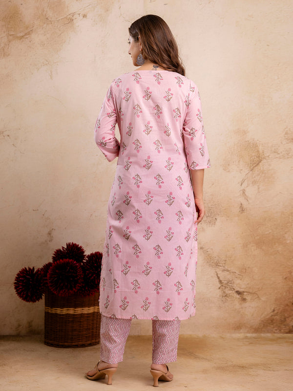 Pure Cotton Pink Embroidered Round-Neck 3-Piece Kurta Set with Printed Dupatta (MÐ3XL)
