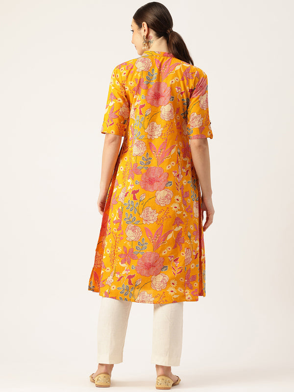 Elegant A-Line Long Kurta for Women - Mandarin Collar with Button Detailing