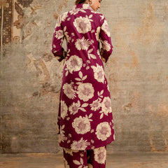 Purple Women’s Co-Ord Set–Printed Collared Kurta with 3/4 Sleeves & Elastic Waist Pants