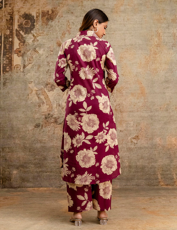 Purple Women’s Co-Ord Set–Printed Collared Kurta with 3/4 Sleeves & Elastic Waist Pants