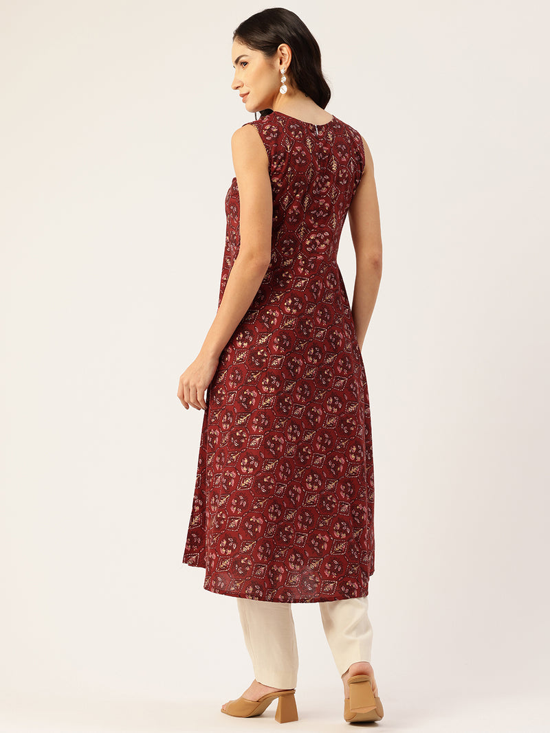 Elegant Floral Sleeveless A-Line Kurti with Back Zip Closure