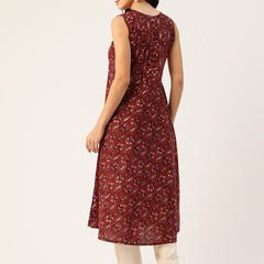 Elegant Floral Sleeveless A-Line Kurti with Back Zip Closure