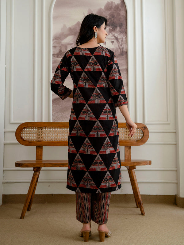 Bordered V-Neck 3-Piece Kurta Set with Ankle-Length Pants & Full-Length Dupatta (M–XXL)