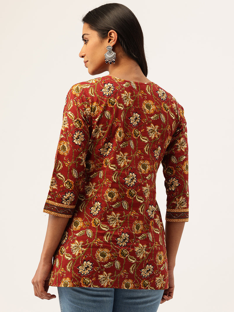 Empress Short Kurti for Women - V-Cut Neckline with Border Detail & 3/4 Sleeves