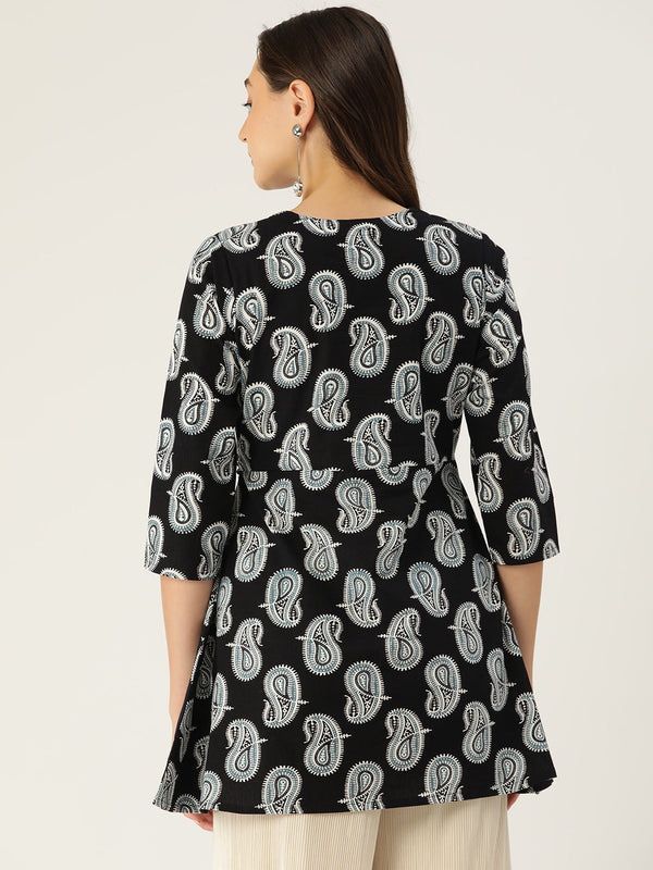 Floral Print Angrakha 3\4 Sleeves Flared Kurti