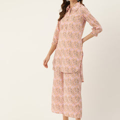 Pink Elegant Collared Co-Ord Set with Frill Detail & Elasticated Pants