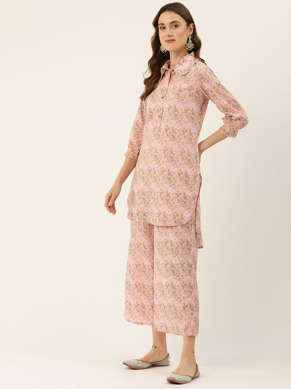 Pink Elegant Collared Co-Ord Set with Frill Detail & Elasticated Pants
