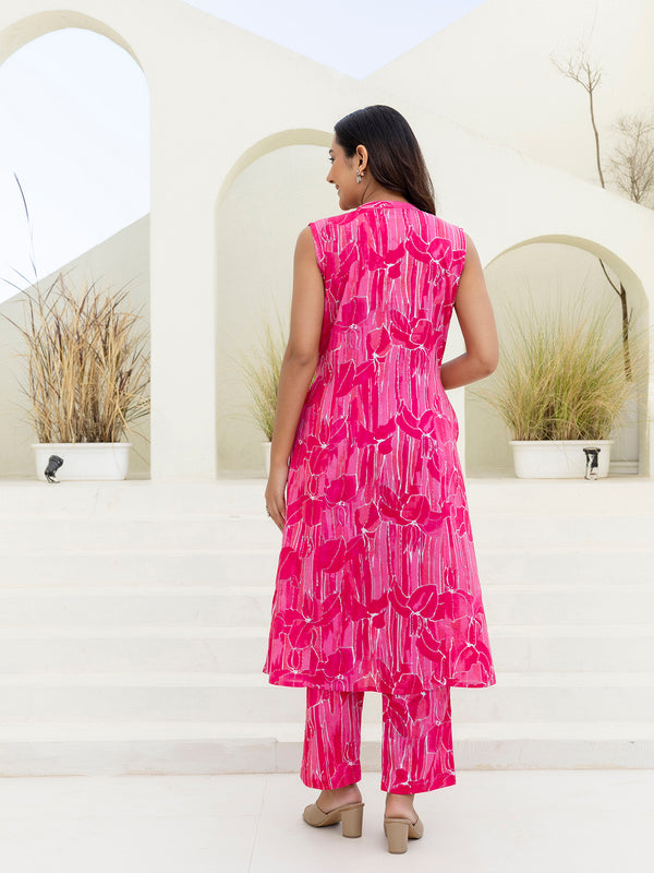 Luxury Mandarin Collar Printed Co-Ord Set with Button Detail A-Line Kurta & Comfort Fit Pants