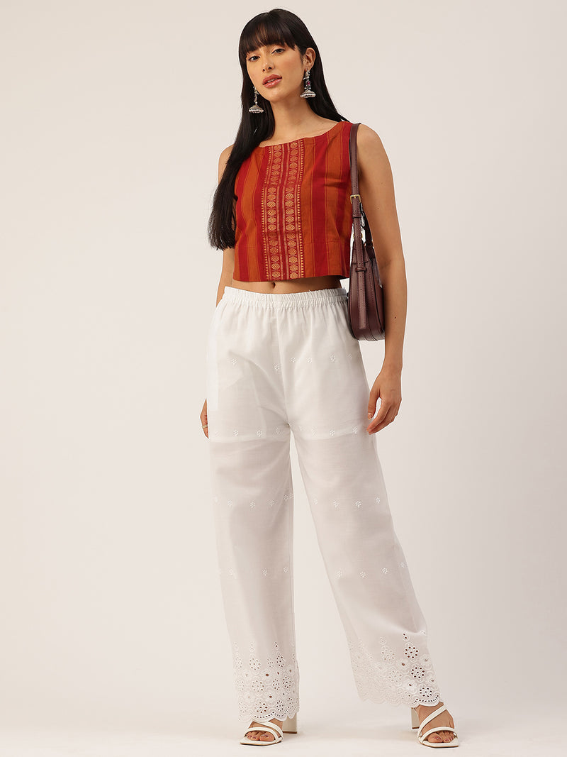 White Embroidered Palazzos–Fully Lined, Elastic Waist & Ankle-Length with Side Pocket