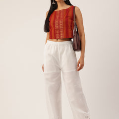 White Embroidered Palazzos–Fully Lined, Elastic Waist & Ankle-Length with Side Pocket