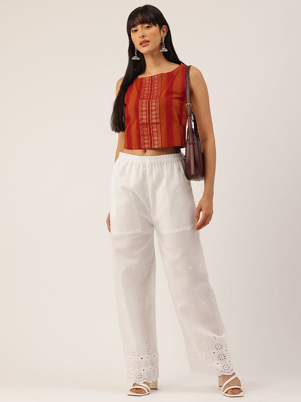 White Embroidered Palazzos–Fully Lined, Elastic Waist & Ankle-Length with Side Pocket
