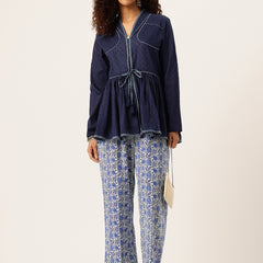 Light Blue Women Pure Cotton Paisley Printed Palazzo Pants | Elastic Waist | Wide Leg