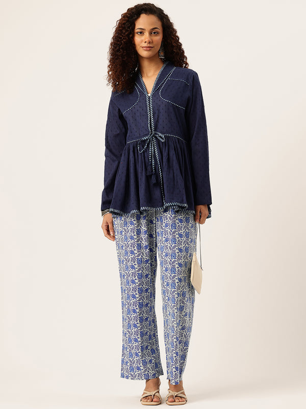 Light Blue Women Pure Cotton Paisley Printed Palazzo Pants | Elastic Waist | Wide Leg