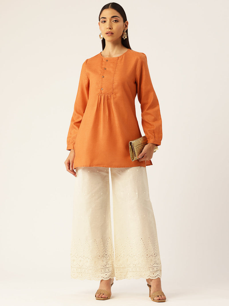 Beige Palazzos | Embroidered Elegnace With Elastic Waist & Single Pocket