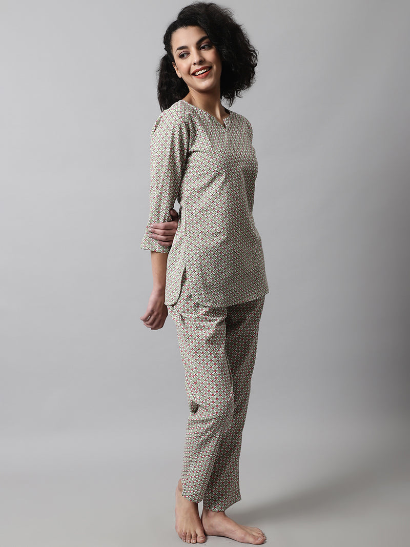Green Printed Cotton Night Suit with V-Neck Kurti & Ankle-Length Pants