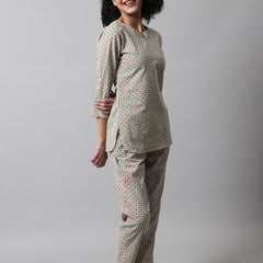 Green Printed Cotton Night Suit with V-Neck Kurti & Ankle-Length Pants