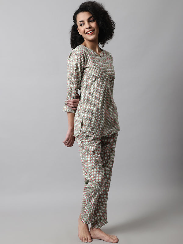 Green Printed Cotton Night Suit with V-Neck Kurti & Ankle-Length Pants