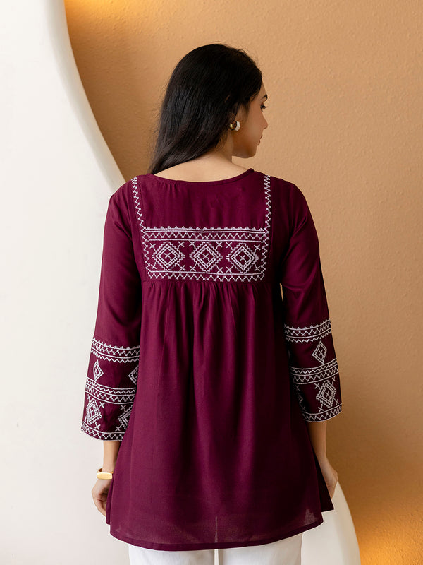 Solid Hip Length Embrioded 3/4 Sleeves Kurti