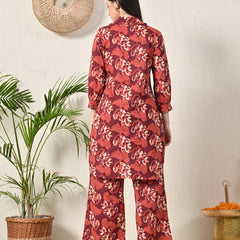 Maroon Elegant Collared Co-Ord Set with Frill Detail & Elasticated Pants