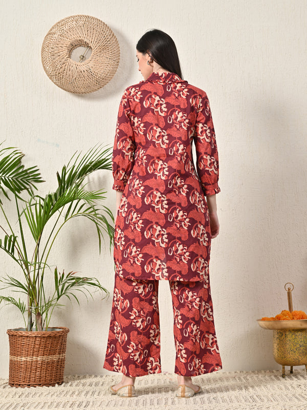 Maroon Elegant Collared Co-Ord Set with Frill Detail & Elasticated Pants