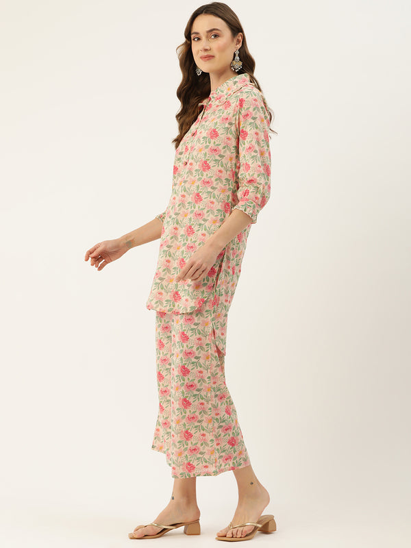 White Elegant Collared Co-Ord Set with Frill Detail & Elasticated Pants