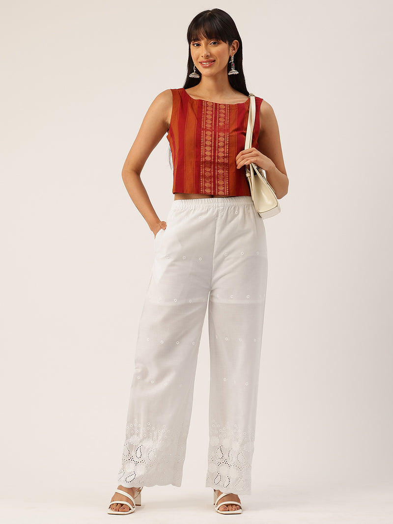 White Embroidered Palazzos–Fully Lined, Elastic Waist & Ankle-Length with Side Pocket
